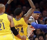 Paul George guarding Carmelo Anthony