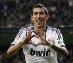 Real Madrid's Di Maria celebrates goal against Real Zaragoza during Spanish First Division soccer match in Madrid