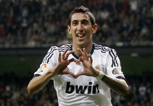 Real Madrid's Di Maria celebrates goal against Real Zaragoza during Spanish First Division soccer match in Madrid
