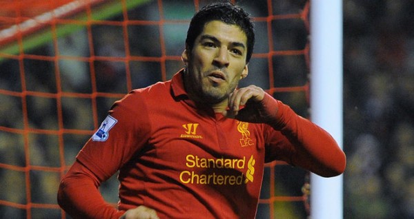 Luis Suarez scoring for Liverpool