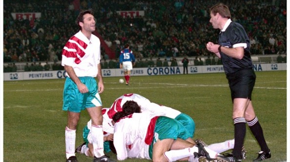 Bulgarian players celebrating their win over France in the 1994 World Cup qualifiers