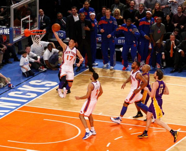 Jeremy Lin, during the "Linsanity" run, scoring 2 of his 38 points against Kobe Bryant and the Los Angeles Lakers