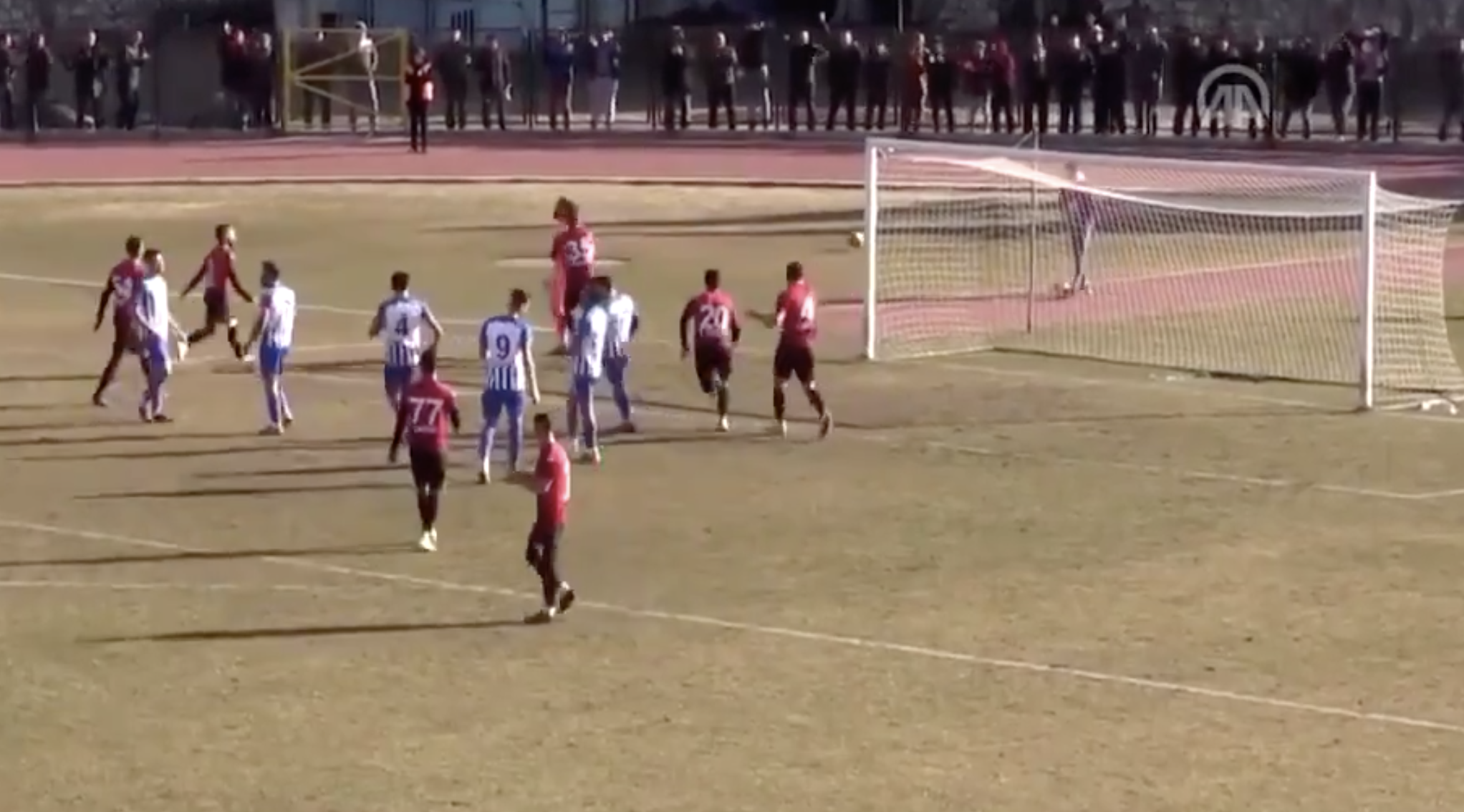 Video: Goalkeeper booked twice as a penalty kick was retaken 3 times & then was saved by a defender